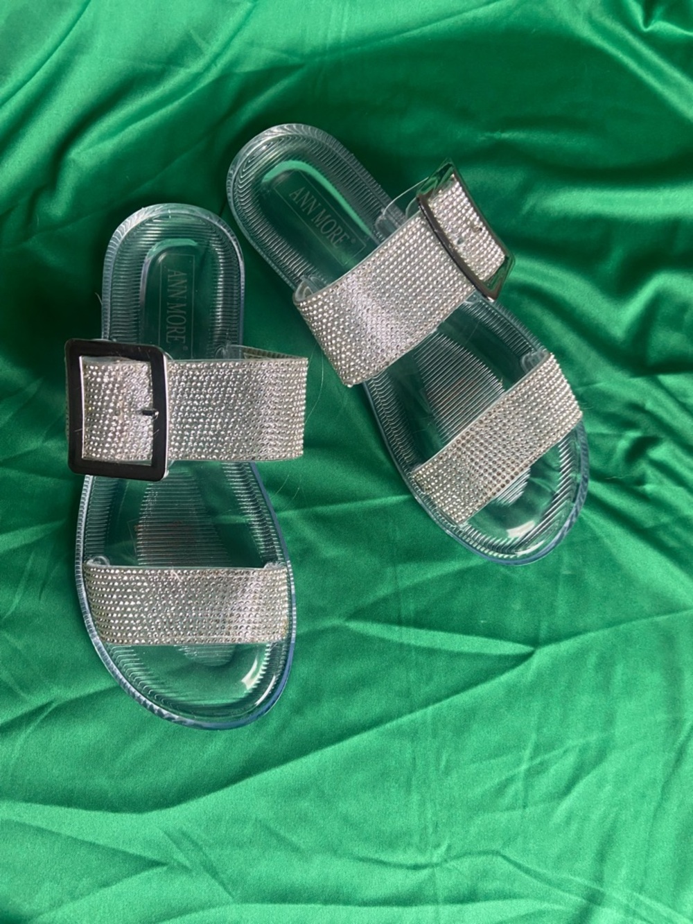 Ann More Silver Crystal Double-Strap Slide Sandals size 6